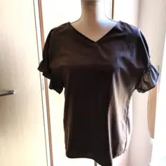 ブラウン Vネック フリル袖 ブラウス