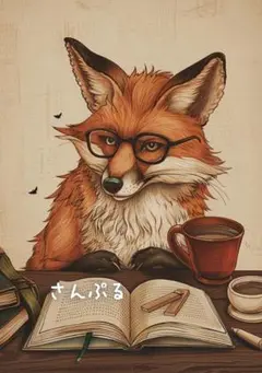 1293 オリジナル アニマルステッカー 動物 雑貨 読書するキツネ 4枚