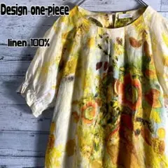 Otto Collection　リネンワンピース 花柄 半袖 麻100% アート