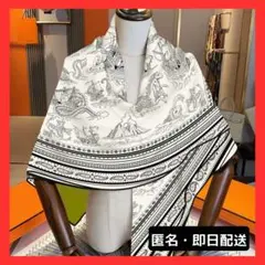 【新品】ホワイト　海洋モチーフ　シルク　カシミヤ　大判スカーフ