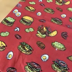 ハンバーガー柄　プリント　レッド　生地　90cm×108cm