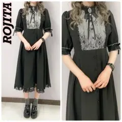 美品✨ROJITA スクエアーレース切替半袖ロングワンピース Aライン 袖リボン