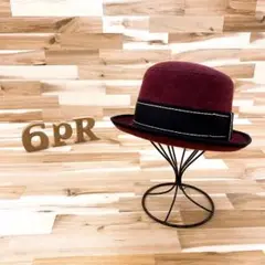 オシャレ【カシラ】ウール100% ハット ステッチ ワイド リボン ボルドー×黒