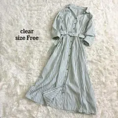 クリア ロングシャツワンピース グリーン ストライプ ウエストベルト a3269