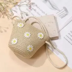 花柄刺繍のストローショルダーバッグ　米色