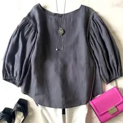 2024.美品☆アンタイトル 麻 ラミーボートネックブラウス 七分丈