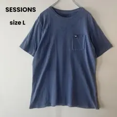 SESSIONS バックプリントTシャツ ワンポケ フェード 綿 紺 L