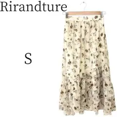 ★美品 Rirandture ベージュの花柄 ひざ丈 フレアスカート S
