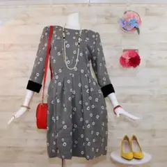 フォクシー ひざ丈刺繍ワンピース ベロア素材 七分袖 L 大きいサイズ グレー