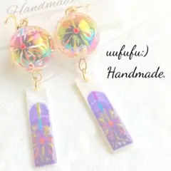 新作♪ 風鈴ピアス　漆黒色二層大玉　線香花火　手塗りシェル短冊　花火大会　浴衣