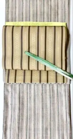 粋な単衣 正絹紬着物 秀逸な縦縞模様 身丈156cm 癒されカラーベージュグレイ