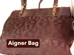 美品・AIGNER アイグナー ロゴ柄＆レザー ショルダーバッグ ブラウン専用袋