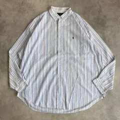 ラルフローレン ストライプシャツ 古着 90s 刺繍 青 紺 2XL 13835