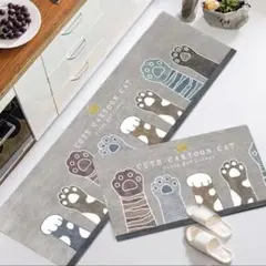 2枚セット ネコ 猫の手 グレー キッチンマット かわいい 玄関マット 猫