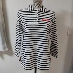 PERSON'S 長袖ポロシャツ 白黒ストライプ M