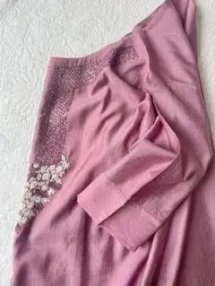 K86 未使用 ロングクルタ シルク SILK 手刺繍 XXLくすみピンク 夏服