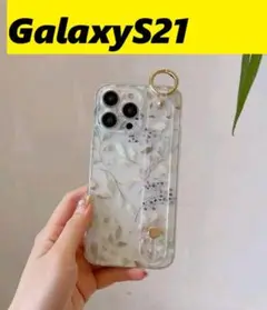 GalaxyS21 ハンドストラップ ベルトリング Galaxyケース総柄葉っぱ