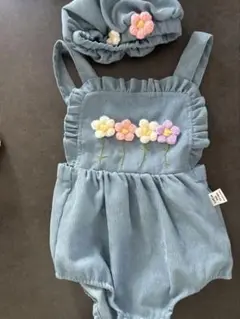 デニム風ロンパース　花　帽子付き　80㎝