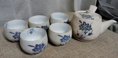 有田焼　急須と湯のみ5客セット　りんどう柄　つや消し加工　梨地