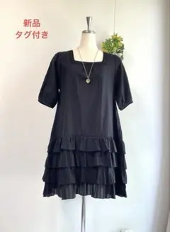 黒のフリル　チュニック　パフスリーブ　ミニスカート　ブラウス　トップス　半袖　M
