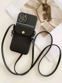 Q59 新品 iPhone 13 ショルダーケース 黒 斜め掛け カード入れ付き