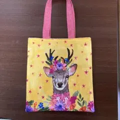 サブバッグ　ぺたんこバッグ　鹿のイラスト　ハンドメイド