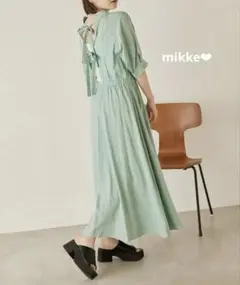 ロングワンピース 半袖 5分袖 バックリボン フレア 韓国 無地 ミント リボン