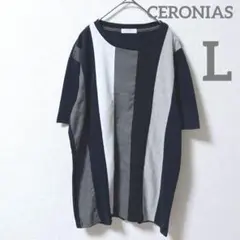 セロニアス/CERONIAS 半袖Tシャツ　ストライプ　ネイビー系　メンズL
