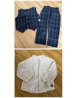3点セット チェック柄ベストとパンツセット、ストライプシャツ