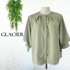 3696【GLACIER】6分袖バンドカラーブラウス シャツ グリーン L