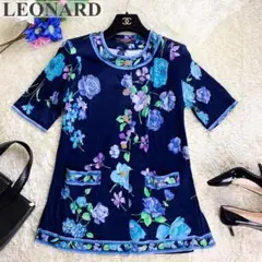美品♡レオナール Tシャツ 花柄 総柄 カンカン素材 青 紫 襟付き サイズ40