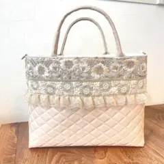 【訳あり品】インド刺繍リボン×合皮フリル付きベージュトートバッグショルダーバッグ