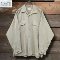 90s　オールリネン　麻　ダブルポケット　オープンカラー　長袖シャツ　生成り　茶