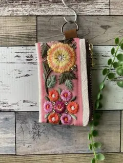 インド刺繍 ミニポーチ キーケース/パスケース／コインケース／小物入【カラフル】