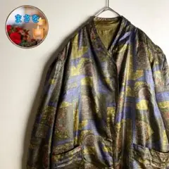 【ロングコート 総柄 光沢 ヴィンテージ感 レトロコーデ 希少 古着】