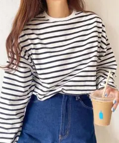 moment+ ボーダーオーバーサイズロングスリーブTシャツ　黒