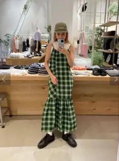 kastaneカスタネ ワンピース　チェックギャザーワンピース　グリーン