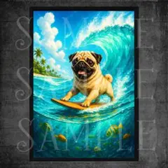 【P34】パグ サーフィン SURF A4 ポスター / アートポスター