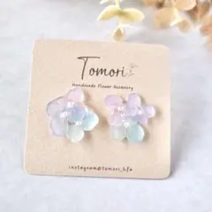 紫陽花プリザーブドフラワーのシンプルピアス　ブルーパープルミックス(A045)