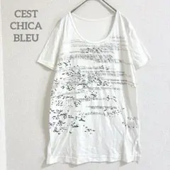 セシカブルー 半袖 Tシャツ プリント スパンコール キラキラ 丈長め【40】