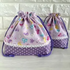 お弁当袋&コップ袋　ハート柄　紫　パープル　水玉　ゆめかわ　入園　入学