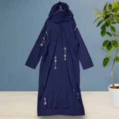 長袖 ロングシャツ 羽織り ワンピース フード付き ネイビー
