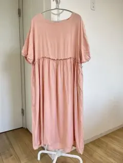 綿麻半袖ワンピース ゆったり ピンク FREE SIZE