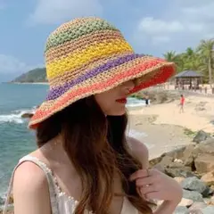 麦わら帽子 レディース レインボー夏 リゾート バケットハット 海辺 韓国