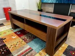 ダークブラウン 木製センターテーブル ガラス天板付き