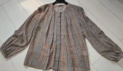【美品】 AMACA ブラウン系 グレンチェック柄 シフォンブラウス