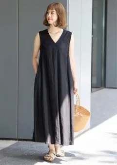 B.Cストック リネンレーヨンスリーブレスワンピース 黒 ブラック