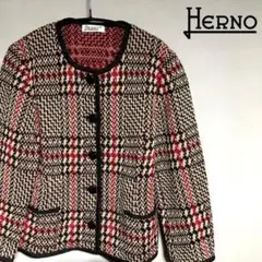 HERNO ヘルノ ノーカラージャケット チェックデザイン ニット ツイード