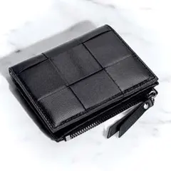 【新品】高級羊革 ２つ折り財布 イントレチャート 黒 小銭入れ 本革 ウォレット