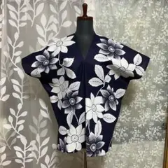浴衣リメイク 浴衣反物 Vネック カフタン ブラウス 紺色 白花 テッセン 37
